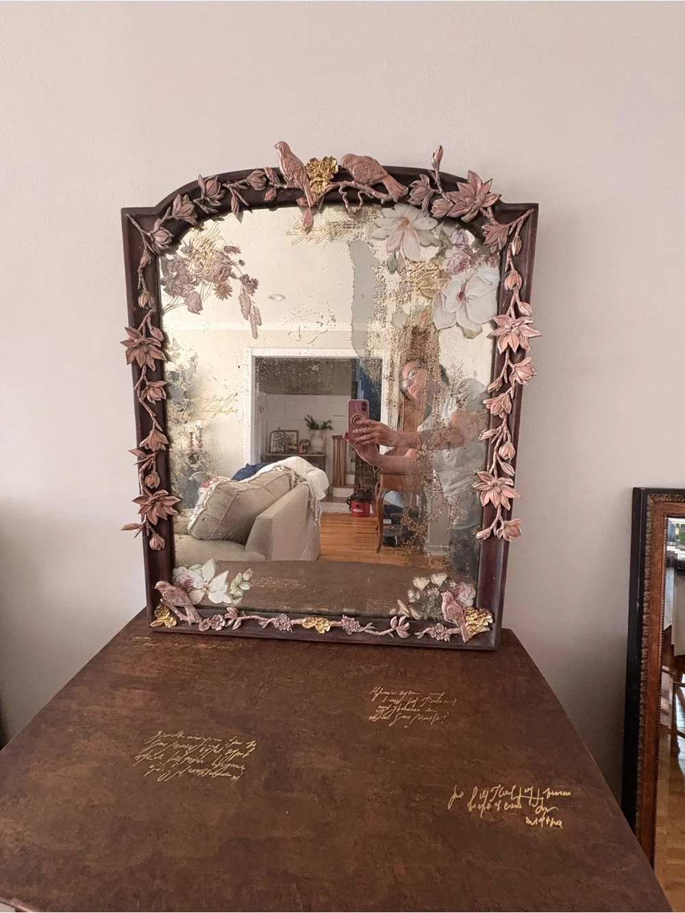 Ornate Floral & Bird Accent Wall Mirror with copper and gold accents